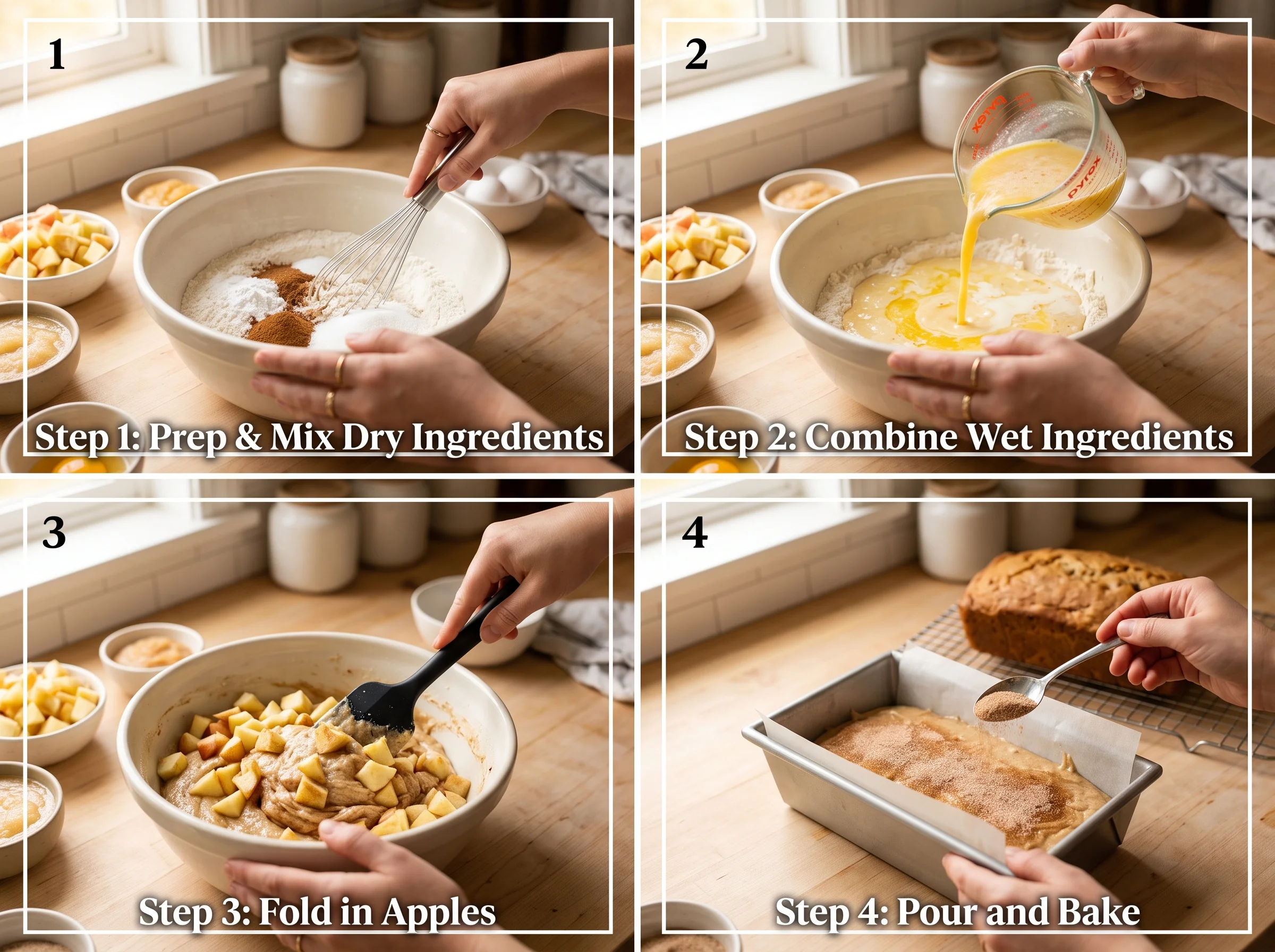 Cinnamon Apple Bread step by step baking process in a loaf pan