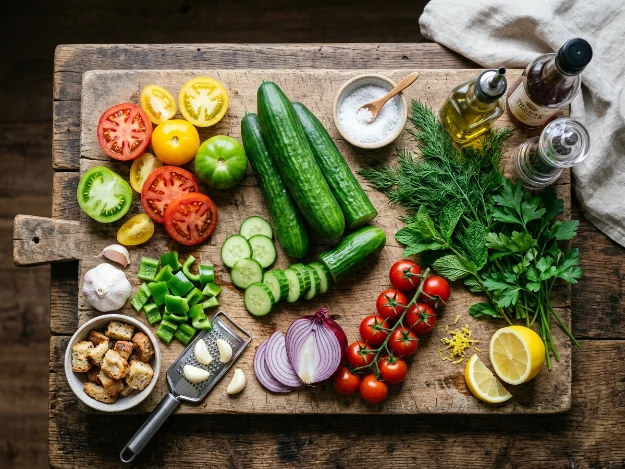 cucumber gazpacho ingredients laid out on a wooden board