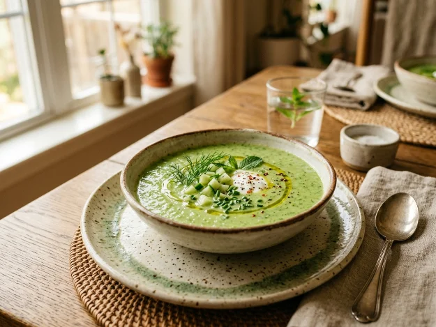 cucumber gazpacho served in white bowls with fresh herbs and garnish