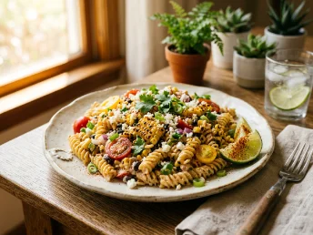 Grilled Corn Elote Pasta Salad served