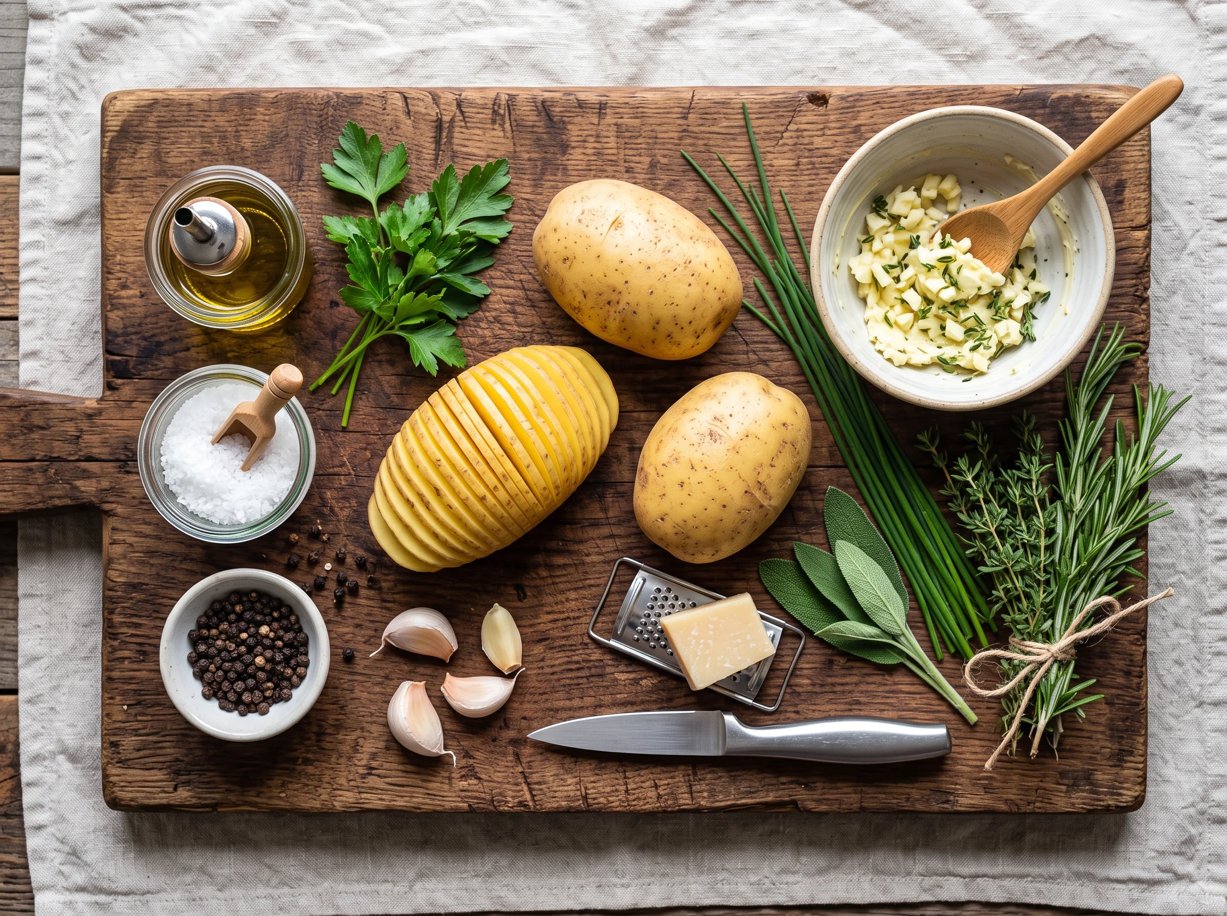 Hasselback Potatoes ingredients laid out on a wooden kitchen counter