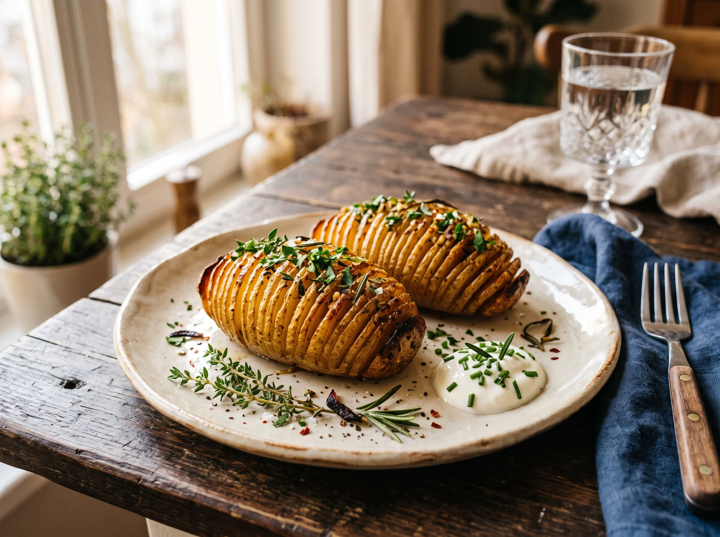 Hasselback Potatoes served on a rustic platter with fresh herbs and sour cream