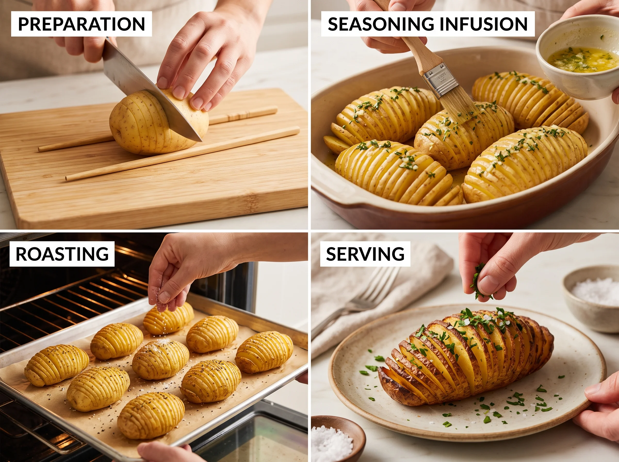 Hasselback Potatoes step by step slicing and seasoning process