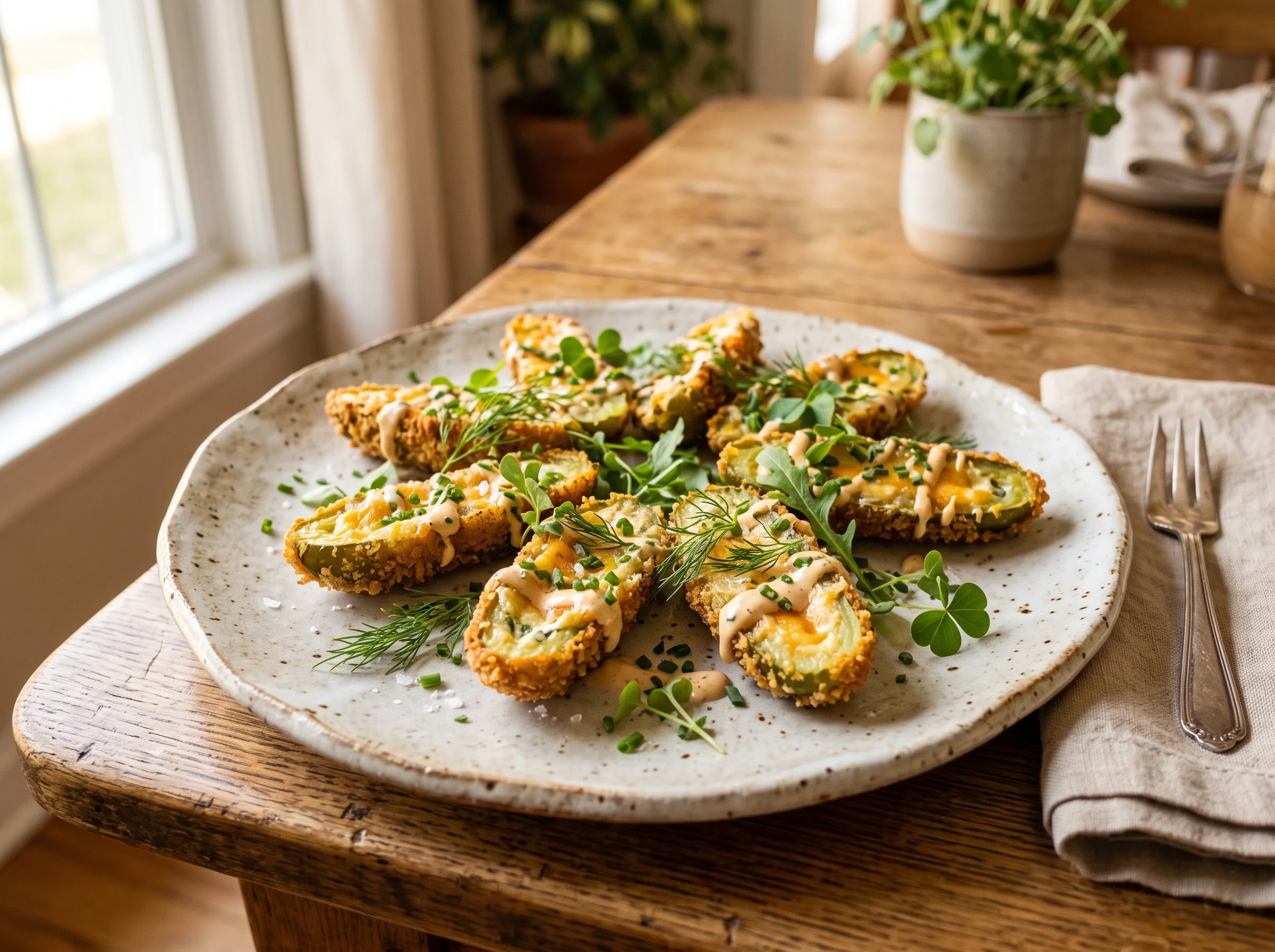 Pickle Poppers served on a platter with dipping sauces