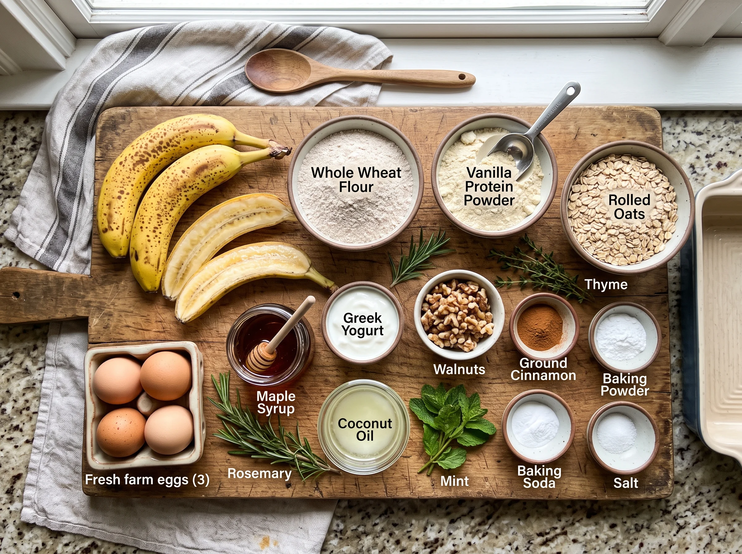Protein Banana Bread ingredients laid out on a wooden counter