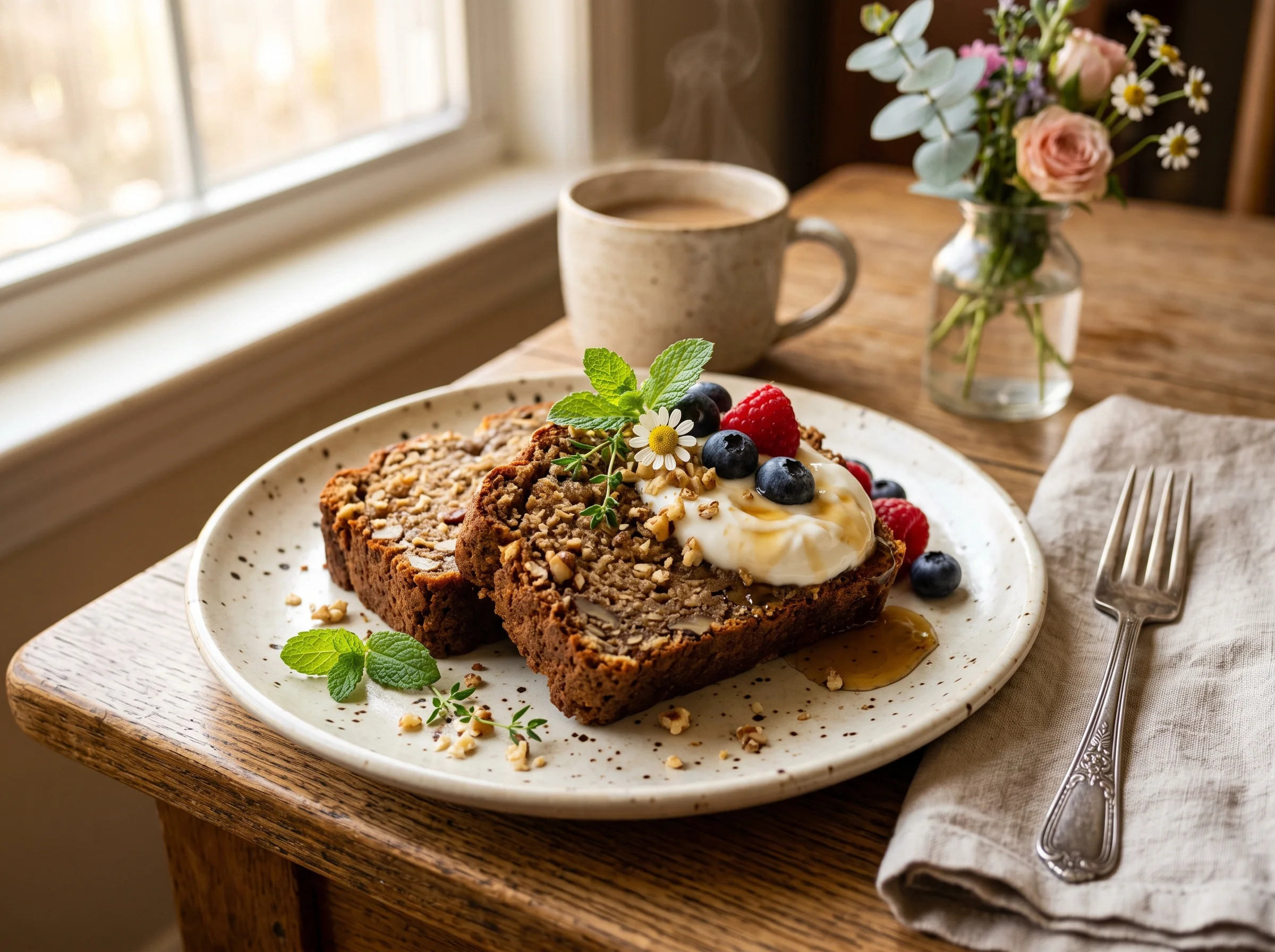 Protein Banana Bread served in thick slices on a wooden board