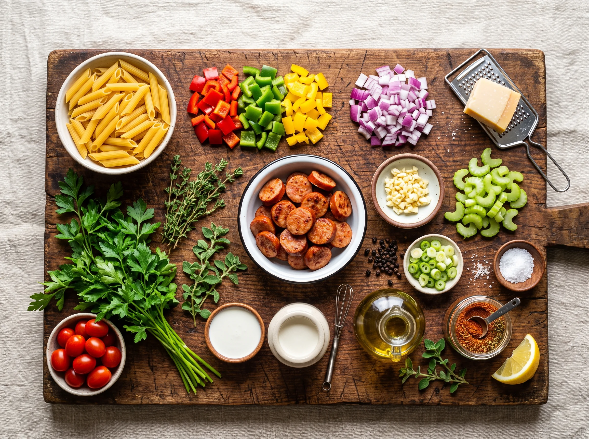 Spicy Cajun Sausage Pasta ingredients laid out on a wooden counter