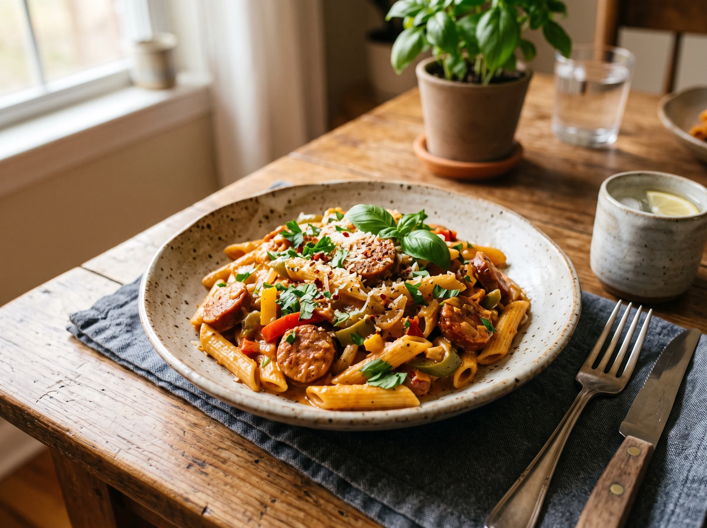 Spicy Cajun Sausage Pasta served in a white bowl with parsley garnish