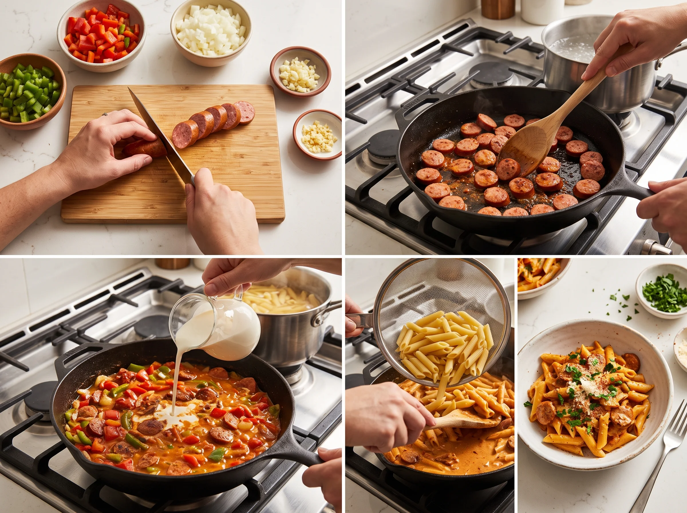 Spicy Cajun Sausage Pasta step by step cooking process in a skillet