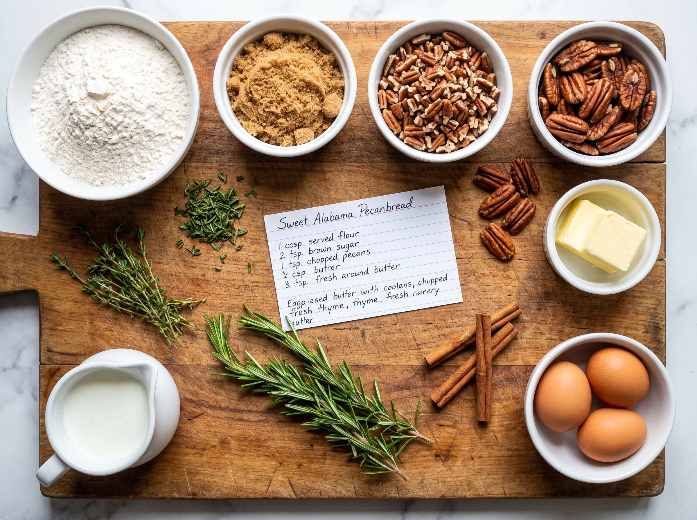 Sweet Alabama Pecanbread ingredients laid out on a wooden kitchen counter