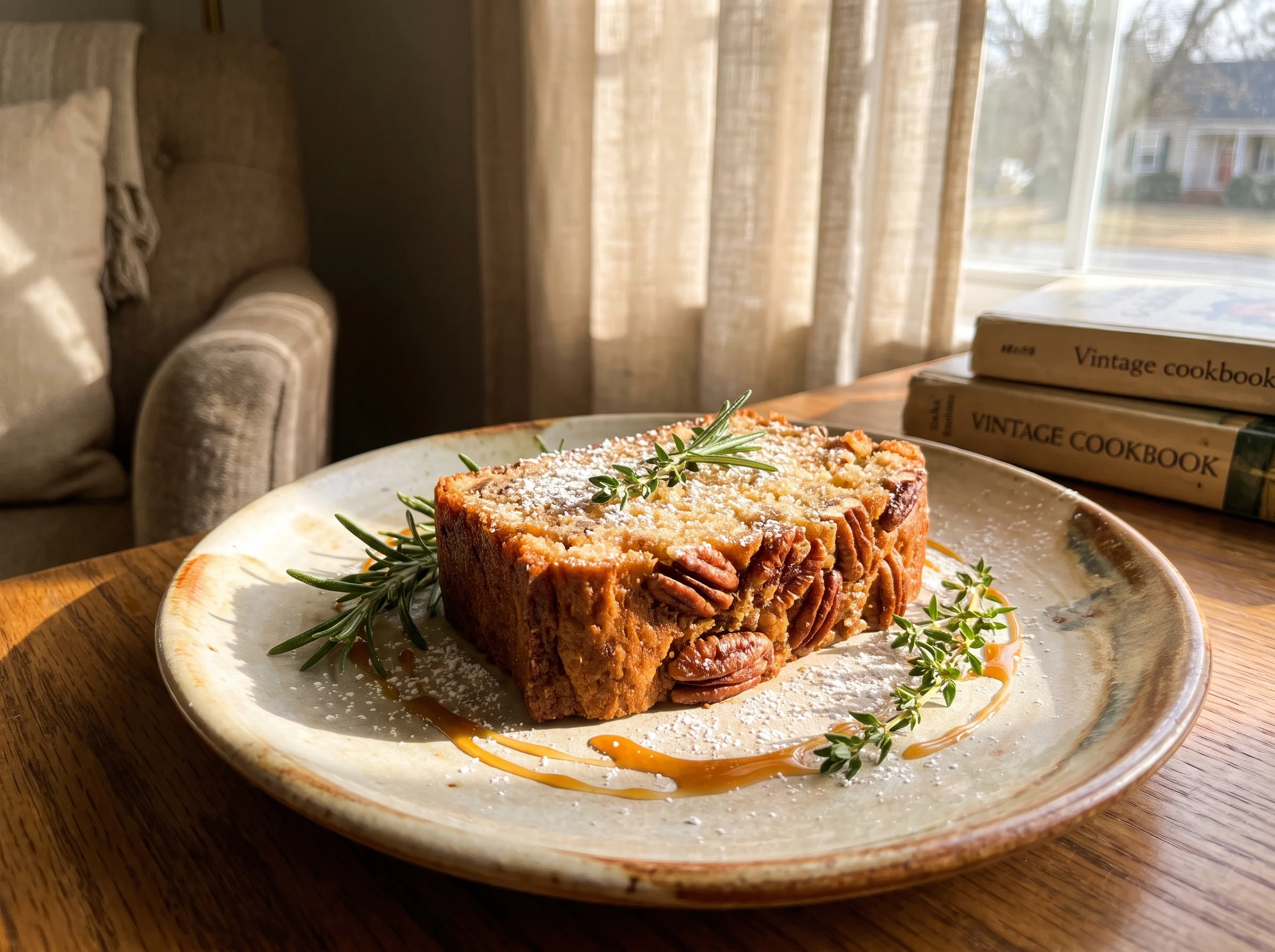 Sweet Alabama Pecanbread served on a wooden board with coffee and a caramel drizzle
