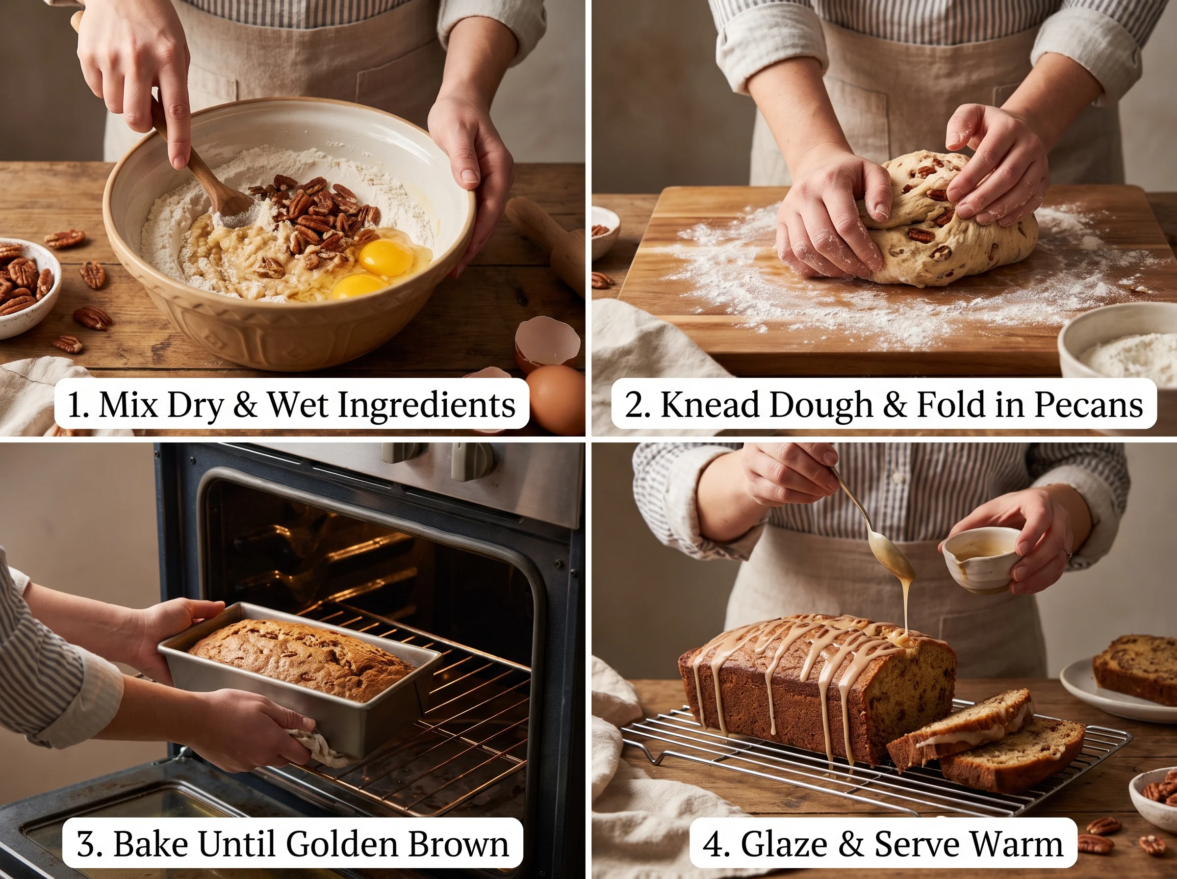 Sweet Alabama Pecanbread step by step baking process in a home kitchen